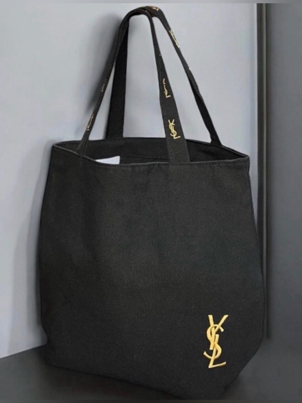 NEW YSL Yves Saint Laurent Tote Bag Black Gold Embroidery Logo - Picture 3 of 16